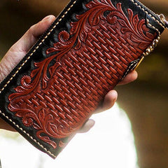 Handmade Leather Mens Tooled Eagle Chain Biker Wallet Cool Leather Wallet Long Clutch Wallets for Men - imessengerbags