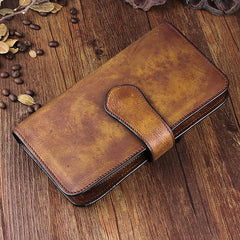 Cool Brown Leather Mens Long Wallet Buckled Long Wallet Trifold Gray Clutch Wallet for Men - imessengerbags
