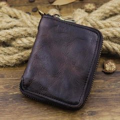 Brown Men Leather Zip Billfold Small Chain Wallet with Coin Pocket Biker Bifold Chain Wallet for Men - imessengerbags