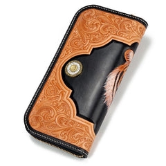 Handmade Leather Mens Clutch Wallet Cool Floral Tiger Tooled Wallet Long Zipper Wallets for Men - imessengerbags