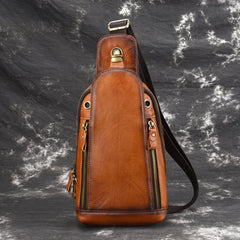 Vintage Tan Leather Men's Chest Bag One Shoulder Backpack Sling Bag For Men - imessengerbags