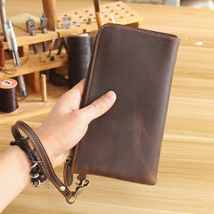 Vintage Dark Brown Leather Mens Phone Wallet Clutch Bag Wristlet Bag Zipper Long Wallet For Men