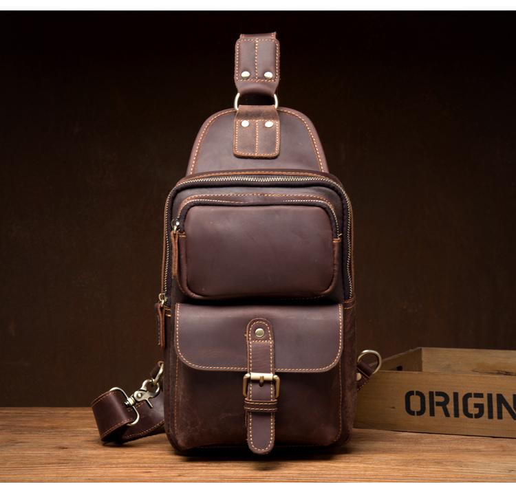 Cool Brown Leather Mens Sling Pack Sling Bag Crossbody Pack One Shoulder Pack Chest Bag for men - imessengerbags