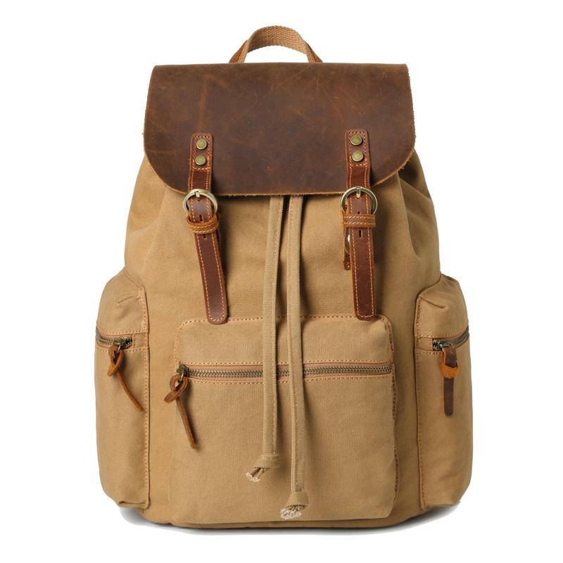 Canvas Leather Women Mens 16" Gray Travel Backpack Brown Computer Bag College Backpack for Men - imessengerbags