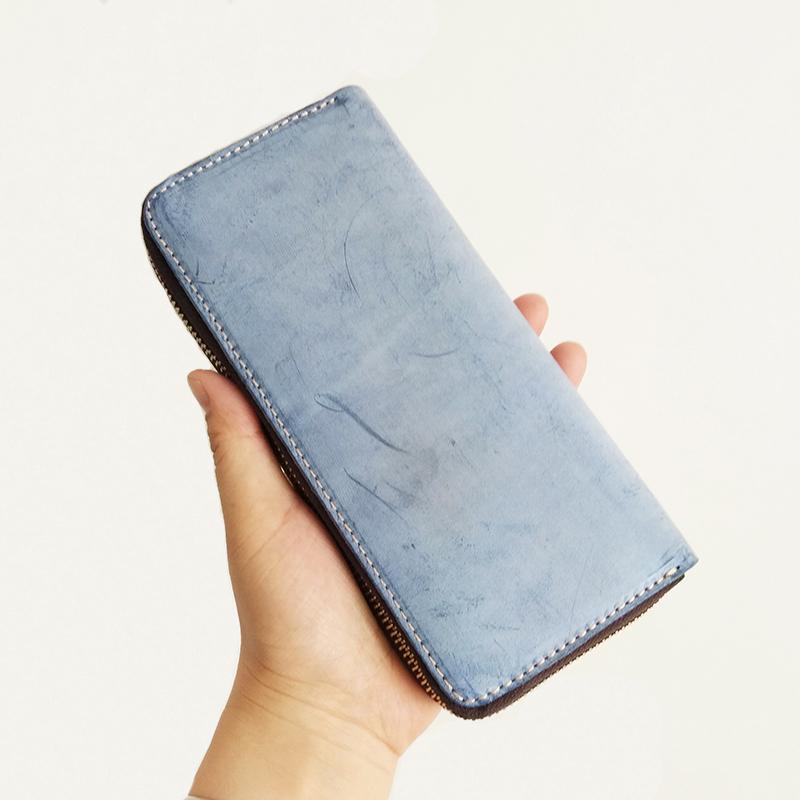 Cool Handmade Mens Blue Long Wallet Red Bifold Card Wallet Zipper Clutch Wallet For Men - imessengerbags