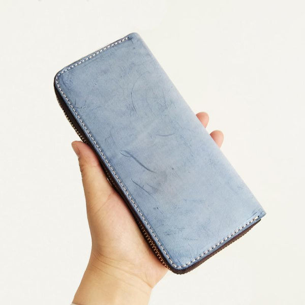 Cool Handmade Mens Blue Long Wallet Red Bifold Card Wallet Zipper Clutch Wallet For Men - imessengerbags