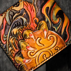 Handmade Leather Chinese Lion Tooled Mens billfold Wallet Cool Leather Wallet Slim Wallet for Men - imessengerbags