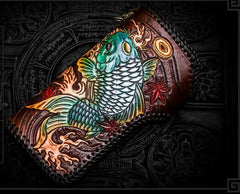 Handmade Leather Tooled Carp Mens Chain Biker Wallet Cool Leather Wallet Long Phone Wallets for Men