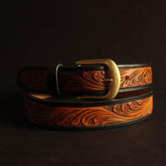 Handmade Vintage Yellow Brown Floral Tooled Leather Mens Belt Carved Leather Belt for Men - imessengerbags