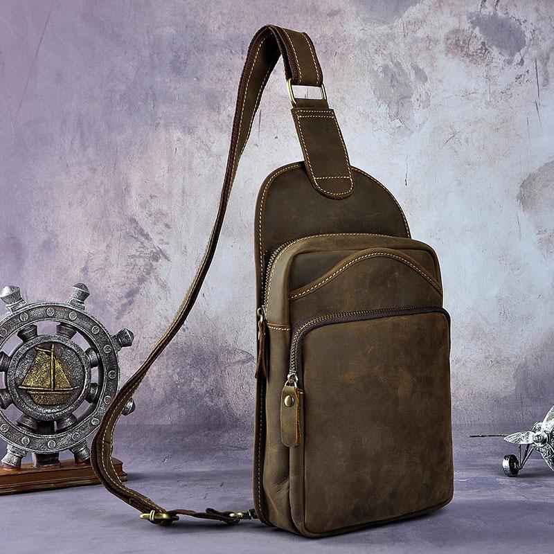 Vintage Leather Mens One Shoulder Backpack Sling Bag Chest Bag Sling Backpack for men