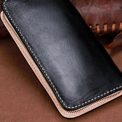 Handmade Leather Mens Clutch Wallet Cool Zhong Kui Tooled Wallet Long Zipper Wallets for Men - imessengerbags