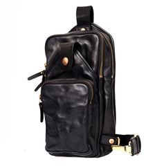Fashion Black Leather Mens Sling Bag Chest Bag Sling Pack Tan One Shoulder Backpack For Men