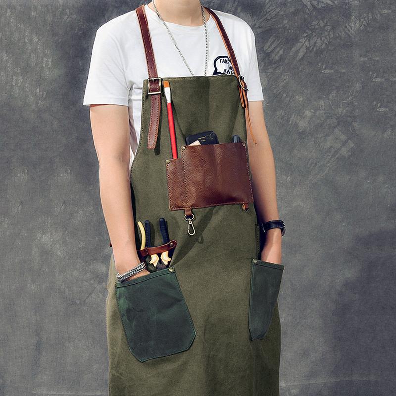 Canvas Leather Mens Womens Blue Craftsman Apron Cafe Staff Apron Work Apron for Men - imessengerbags
