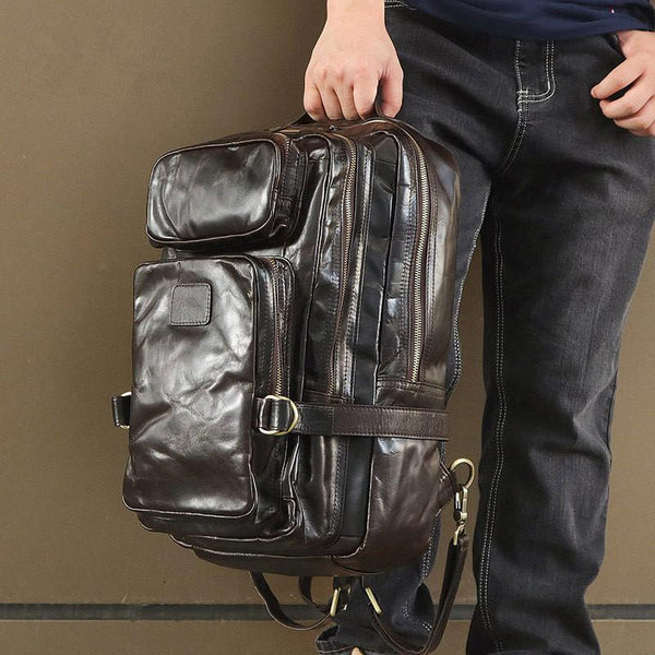 Cool Leather Mens 15 inches Computer Backpack Travel Backpacks Brown Weekender Bag Travel Bag for Men