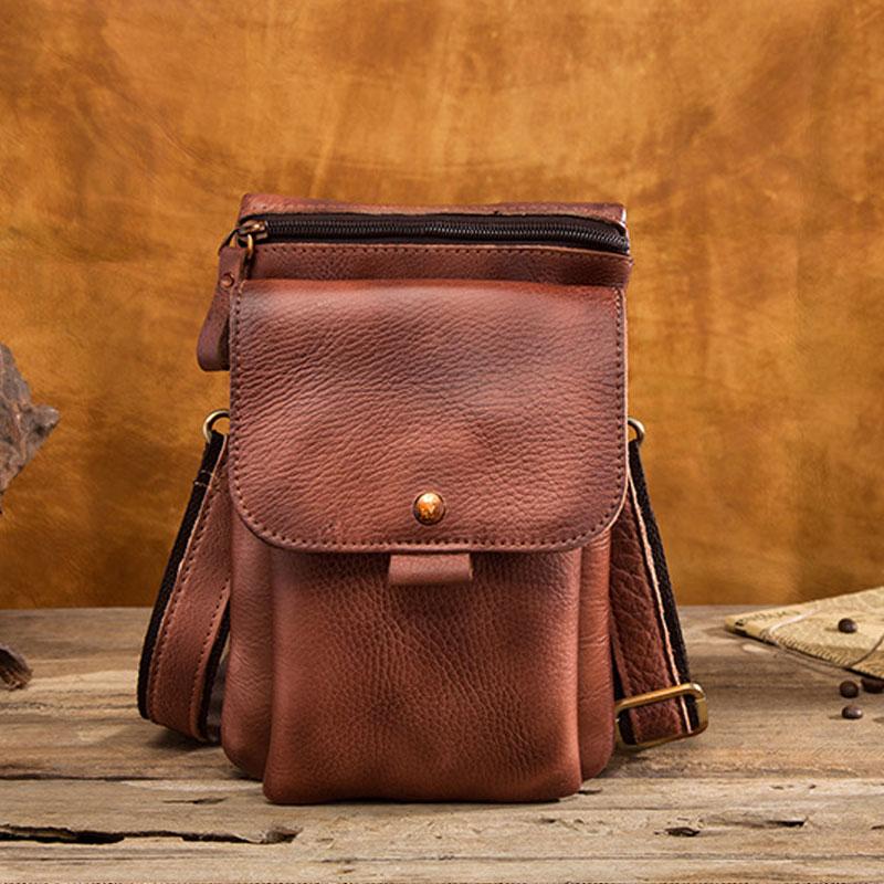 Cool Brown Leather Mens Belt Pouch Mini Shoulder Bag Belt Bag For Men - imessengerbags
