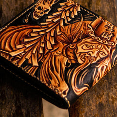Handmade Leather Chinese Black&White Tooled Mens billfold Wallet Cool Leather Wallet Slim Wallet for Men - imessengerbags