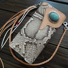 Handmade Leather Biker Wallet Mens Cool Chain Trifold Wallet Trucker Wallet with Chain