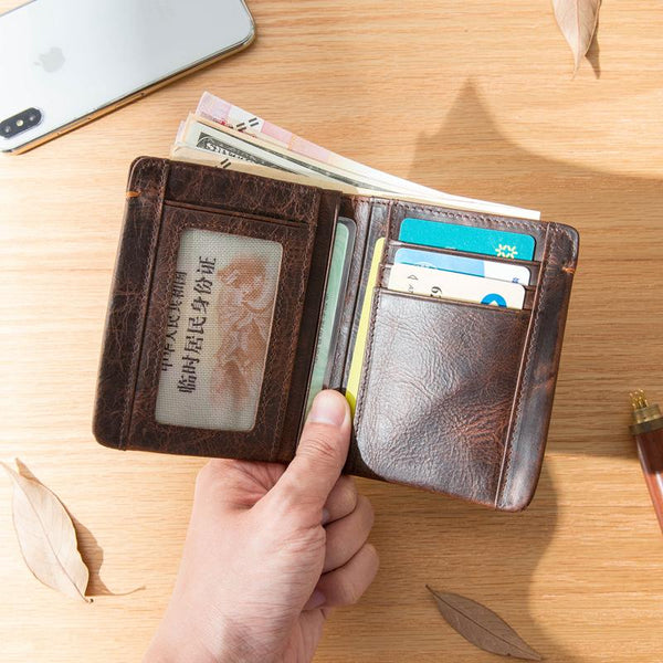 Dark Brown Handmade Leather Mens Front Pocket Wallets Bifold Vintage billfold Wallet Small Wallet for Men - imessengerbags