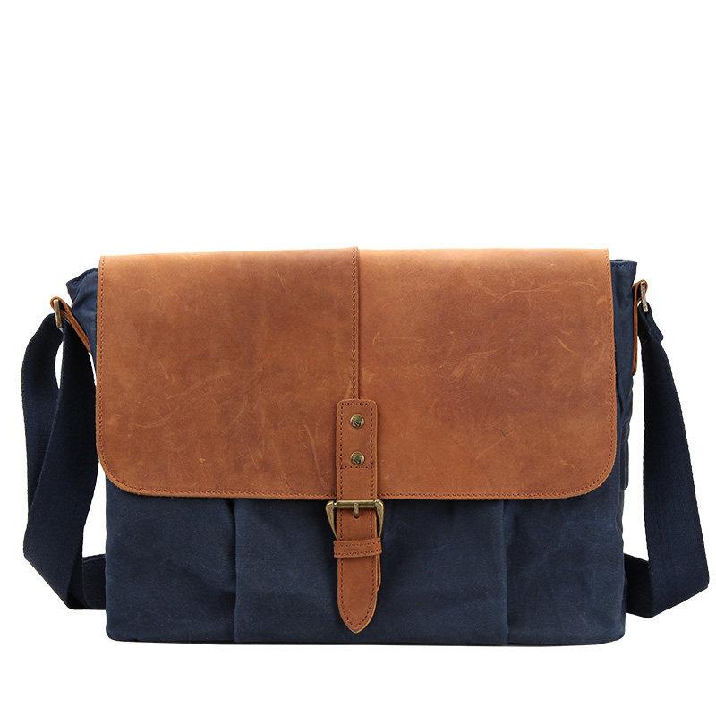 Navy Blue Leather Waxed Canvas Mens Side Bag Messenger Bags Gray Casual Courier Bags for Men