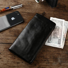 Cool Leather Mens Black Slim Long Wallet Zipper Bifold Card Wallet Clutch Wallet For Men - imessengerbags