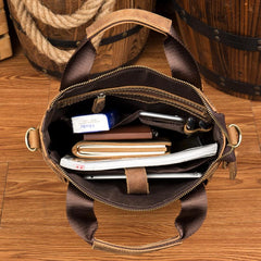 Brown Leather Mens 13 inches Briefcase Vertical Laptop Side Bags Business Bags Work Bags for Men