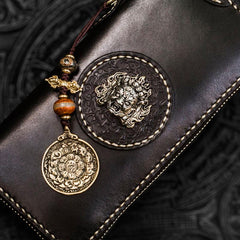 Handmade Leather Mahākāla Mens Chain Biker Wallet Cool Leather Wallet Long Clutch Wallets for Men