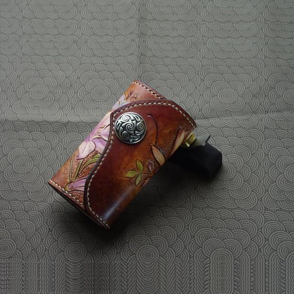 Handmade Leather Tooled Lily Flower Biker Mens Cool Car Key Wallet KeyChain for Men - imessengerbags