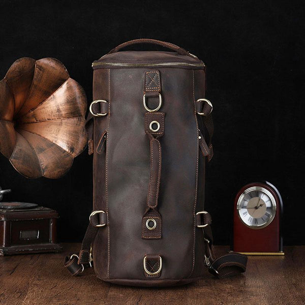Cool Mens Leather Barrel Backpack Overnight Bag Travel Backpack Weekender Bag for men - imessengerbags