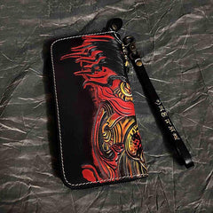 Badass Handmade Black Leather Men's Biker Long Wallet Mahākāla Tooled Zipper Long Chain Wallets For Men