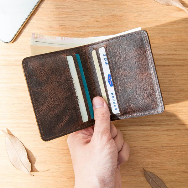 Dark Brown Leather Mens Small Wallets Bifold Vintage billfold Wallet Front Pocket Wallet for Men - imessengerbags