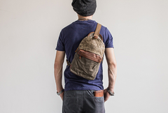 Canvas Leather Mens Cool Chest Bag Sling Bag Crossbody Bag Travel Bag Hiking Bag for men