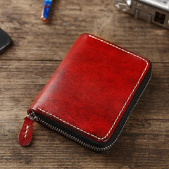 Handmade Cool Mens Leather Zipper Red Small Wallet Green Bifold billfold Wallet for Men