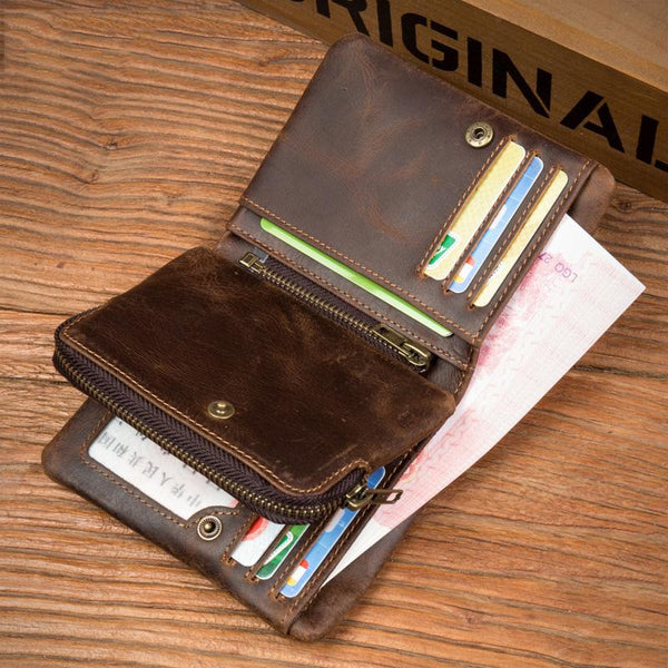 Brown Cool Leather Mens Trifold Small Wallet billfold Wallet Bifold Pocket Small Wallet for Men - imessengerbags