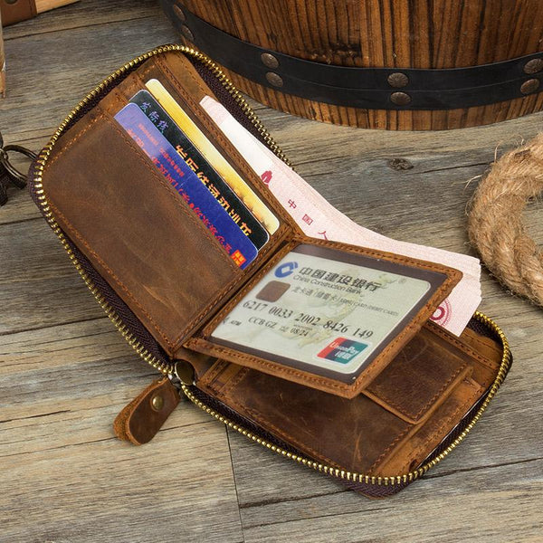Brown Cool Leather Mens billfold Wallet Zipper Trifold Card Small Wallet for Men - imessengerbags