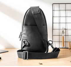 Cool Mens Black Leather 8 inches Chest Bag Sling Black One Shoulder Backpack Sling Backpack for men - imessengerbags