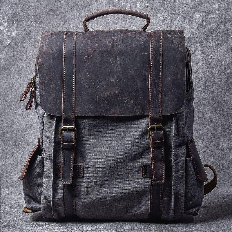 Cool Canvas Leather Mens Womens 15" Khaki Backpack Gray Travel Backpack College Backpack for Men - imessengerbags