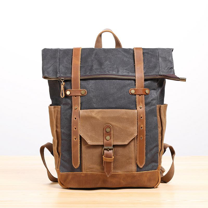 Waxed Canvas Leather Mens 17‘’ Lake Green Backpack Khaki Travel Backpack Dark Gray Hiking Backpack for Men - imessengerbags