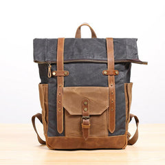 Waxed Canvas Leather Mens 17‘’ Lake Green Backpack Khaki Travel Backpack Dark Gray Hiking Backpack for Men - imessengerbags