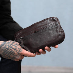 Cool Black Leather Mens Long Wallets Large Double Zipper Clutch Wallet Coffee Vintage Clutch Purse For Men - imessengerbags