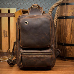 Casual Brown Mens Leather Large Sling Bag One Shoulder Pack Chest Bag Sling Backpack for men - imessengerbags
