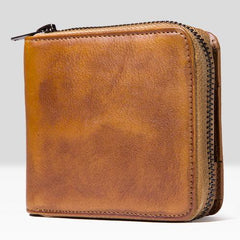 Genuine Leather Mens Cool Zipper Leather Wallet Men Small Wallets Bifold for Men - imessengerbags