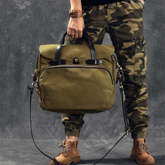 Canvas Leather Mens Khaki Briefcase 15'' Side Bag Messenger Bag Shoulder Bag For Men - imessengerbags
