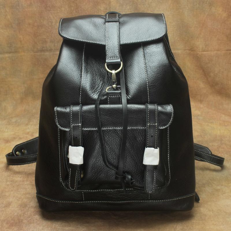 Vintage Lambskin Brown Leather Men's 14'' Laptop Backpack Black Satchel Backpack For Men - imessengerbags
