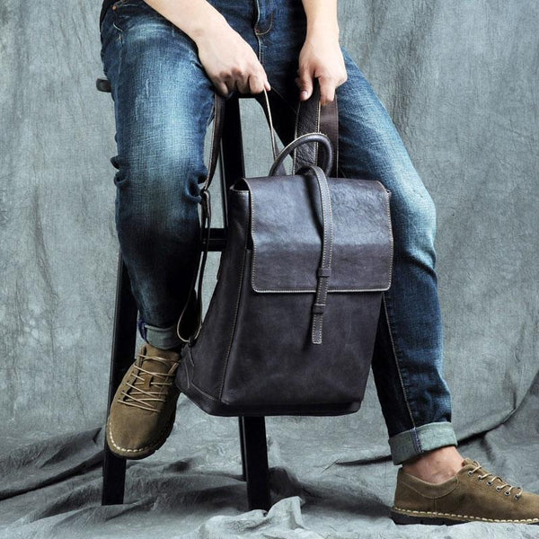 Genuine Leather Mens Cool Backpack Sling Bag Large Black Travel Bag Hiking Bag for men - imessengerbags