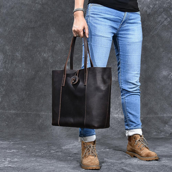 Leather Mens Womens 13" Large Shoulder Bag Vintage Coffee Tote Bag Large Side Bag For Men - imessengerbags