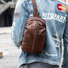 Handmade Brown Leather Mens Sling Bag Sling Pack Chest Bag Black One Shoulder Backpack for Men - imessengerbags