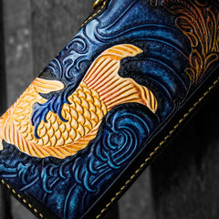 Handmade Leather Men Tooled Carp Cool Leather Wallet Long Phone Wallets for Men - imessengerbags