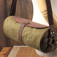 Gray Canvas Leather Mens Green Barrel Postman Bag Bucket Messenger Bag Side Bag For Men - imessengerbags