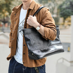 Fashion Coffee Leather Men Womens 14 inches Black Tote Bag Shoulder Tote Bag For Men - imessengerbags