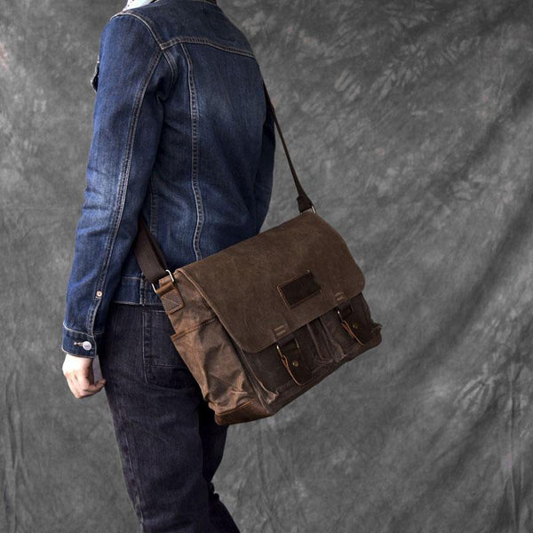 Canvas Leather Mens Large Khaki Side Bag 14'' Brown Messenger Bag Shoulder Bag For Men - imessengerbags